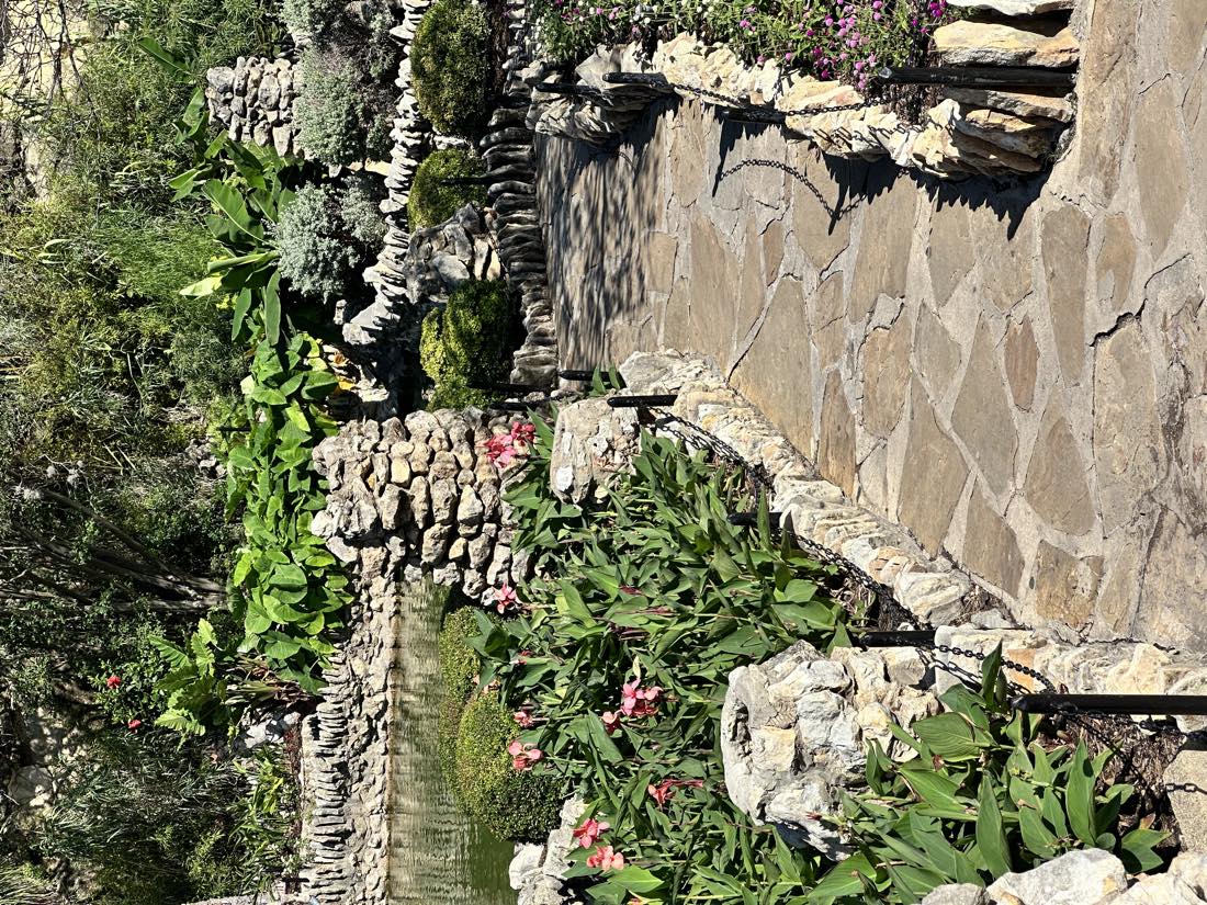 A winding stone path through a garden, lined with blooming canna lilies